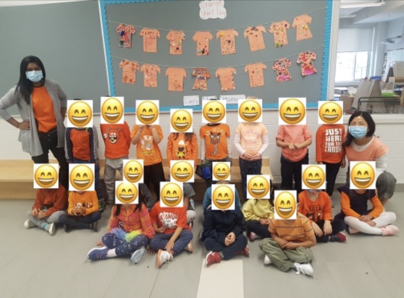 FDK B <a href="/TDSB_Avondale/">Avondale Schools</a> proudly showcasing their displayed work and orange shirts, learning about the significance and importance of Orange Shirt Day #OrangeShirtDay2020 #KnowledgeIsPower