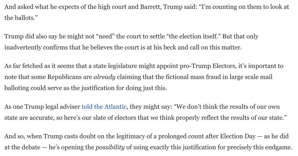 2) The idea that a GOP legislature might try to appoint pro-Trump Electors seems crazy.But as  @bartongellman reports, Rs are openly discussing this.Crucially, they'd use fictitious fraud as the justification. Trump opened the way for this last night: https://www.washingtonpost.com/opinions/2020/09/30/could-trump-steal-election-heres-one-way-find-out/