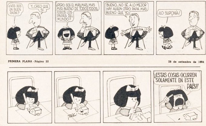 Ayer, se cumplieron 56 años de la primera publicación de Mafalda. 
La tira humorística vio la luz en la revista Primera Plana un 29 de septiembre de 1964.