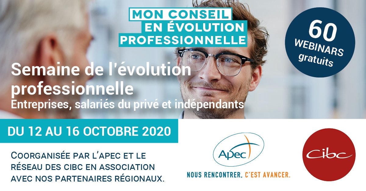 L’Apec en collaboration avec la <a href="/FedNatCibc/">Fédération CIBC</a> organise la « Semaine de l’Evolution Professionnelle » du 12 au 16/10 
✅ 100% digital 
✅ Gratuit 
✅ Plus de 60 webinars 
✅ Programme ici : bit.ly/2GcFlb9

#Cadres #emploi #semainedelevolutionprofessionnelle #ApecCEP