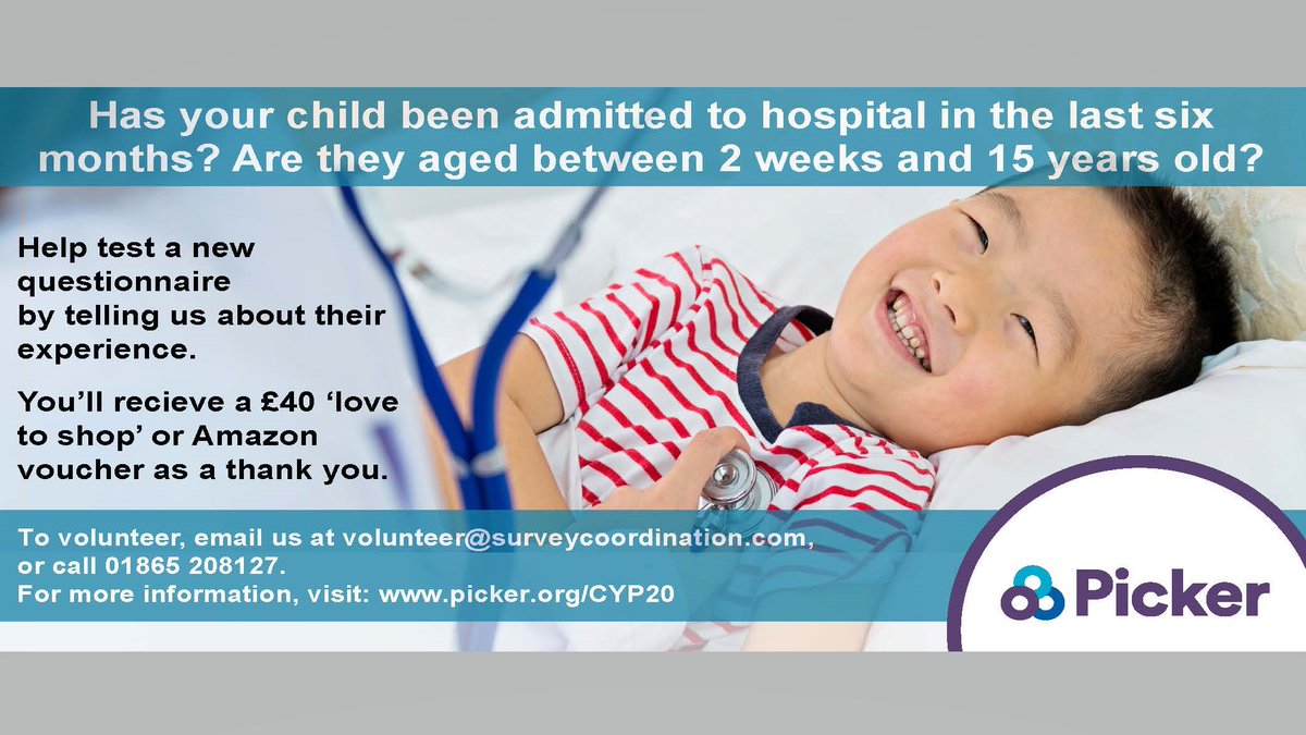 Volunteers are needed to help test a new questionnaire for the Children and Young People’s Patient Experience Survey 2020. Find out more picker.org/CYP20