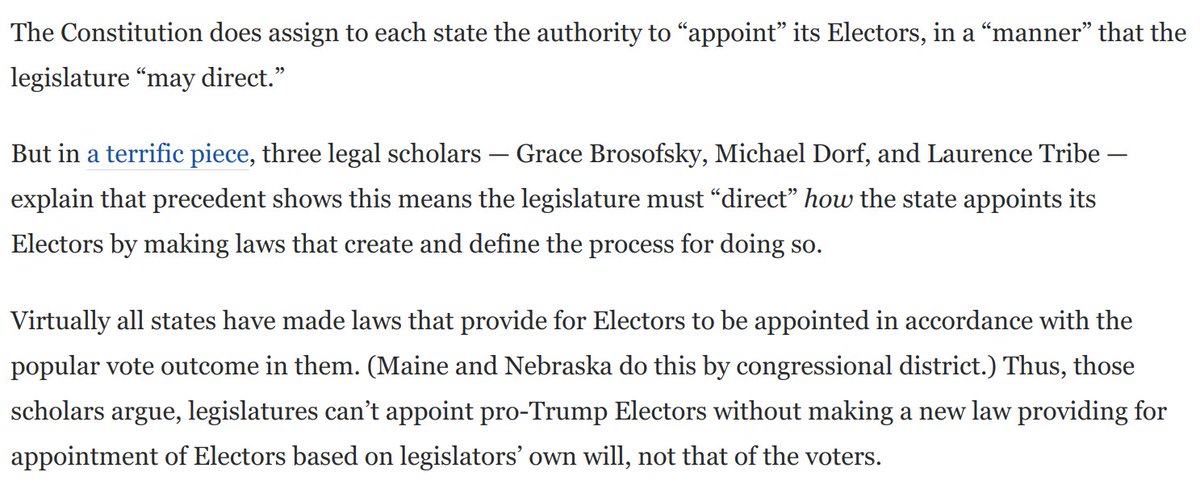 3) This scheme would likely be unconstitutional, because it would probably require a new state law, which a Dem governor could veto.Here I rely on a terrific analysis from  @dorfonlaw and  @tribelaw: https://www.washingtonpost.com/opinions/2020/09/30/could-trump-steal-election-heres-one-way-find-out/