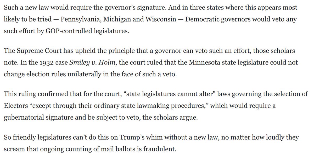 3) This scheme would likely be unconstitutional, because it would probably require a new state law, which a Dem governor could veto.Here I rely on a terrific analysis from  @dorfonlaw and  @tribelaw: https://www.washingtonpost.com/opinions/2020/09/30/could-trump-steal-election-heres-one-way-find-out/