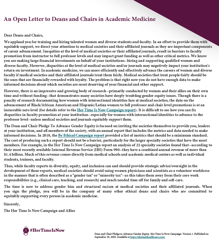4/8: This Open Letter to Deans & Chairs explains why they need to focus on med societies & journals NOW. Because, these entities--can accelerate promotions for qualified underrepresented  #WomenInMedicine to full Professor. #HerTimeIsNow  #WIMMonth  #HeForShe    #BeEthical
