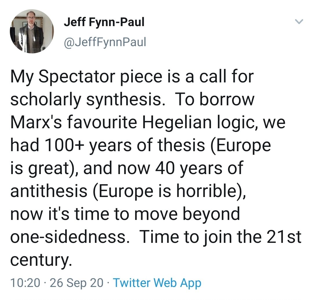 Jeff Fynn-Paul is an economic historian of medieval and early modern Spain who has now reinvented himself as a 'centrist' apologist for settler-expansion and a genocide-denier in The Spectator - which perhaps explains some of his more bizarre takes. 3/