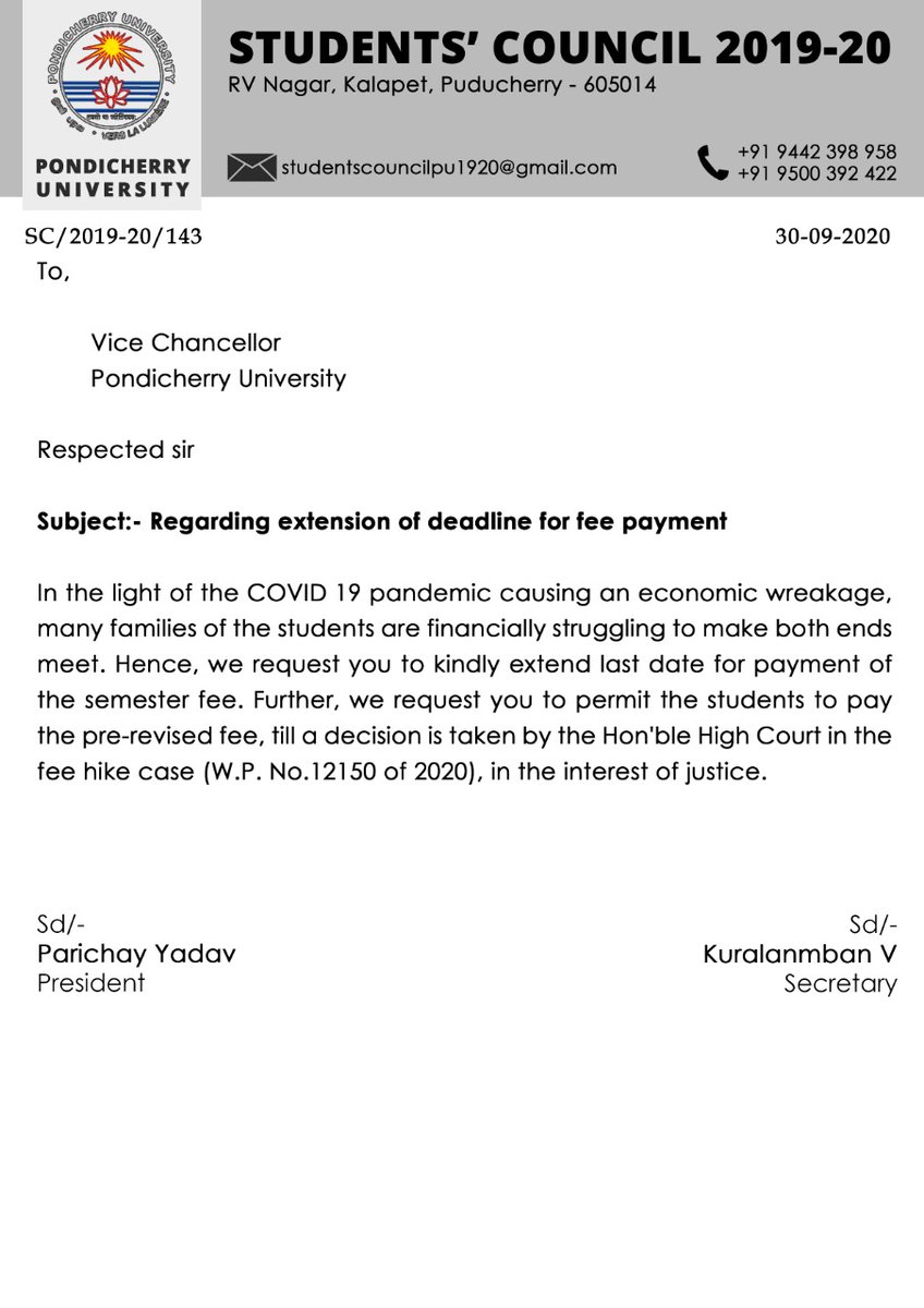 SC_PondiUni's tweet photo. We request the admin to extend the deadline for payment of fees. There's a pandemic going on, and people have lost their livelihoods. Please revert to the pre-revised fee structure! https://t.co/nFxMbSSlx9