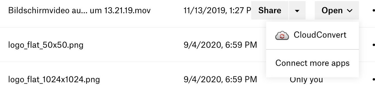 We have partnered with Dropbox to build a new Dropbox extension. Directly convert files using the "Open with"  menu in Dropbox.
dropbox.com/apps/cloudconv…