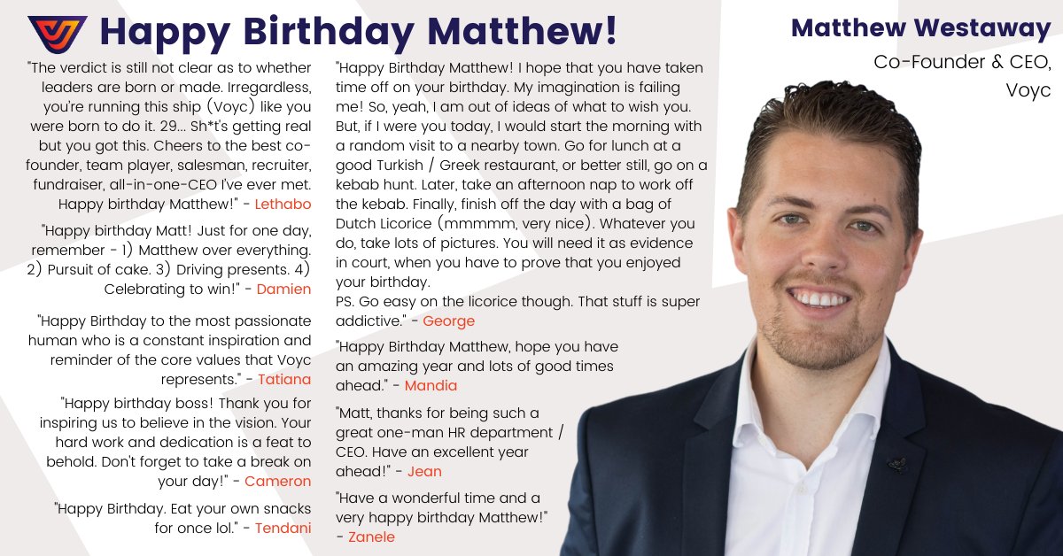 Voyc (@voyc_ai) on Twitter photo Happy Birthday to our Co-founder & CEO, Matthew!
Here are some birthday wishes from the team.
#Engineering #STEM #team Happy Birthday to our Co-founder & CEO, Matthew!
Here are some birthday wishes from the team.
#Engineering #STEM #team