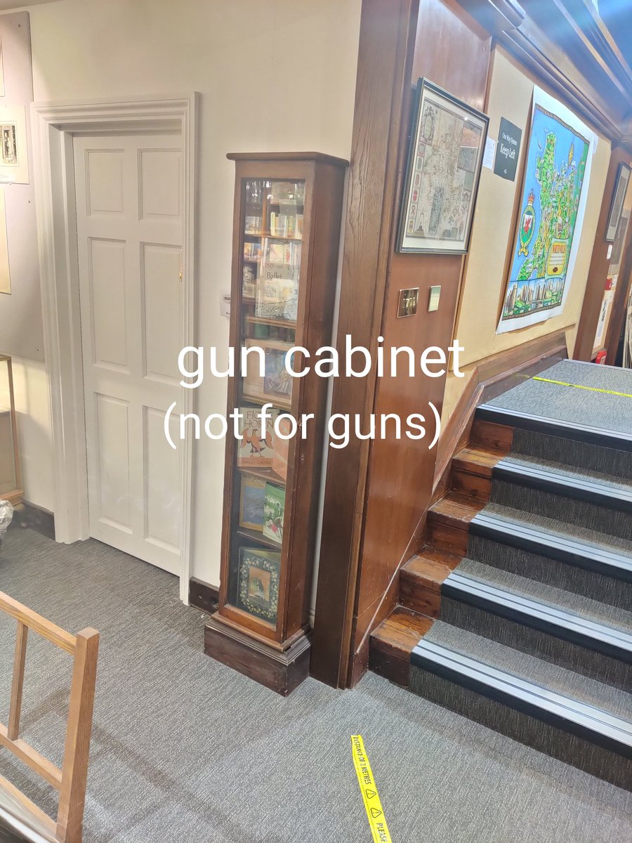 we have a gun cabinet that no-one can open because the key goes in the side and turns funny, we keep tiny books in italso two ladders we can't use because they almost killed me and then also Rebekah in the space of 24 hours