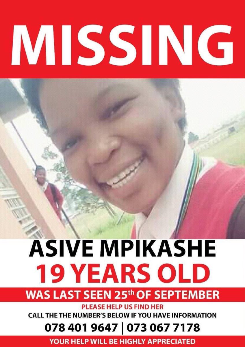 news_kae's tweet photo. MISSING PERSON ALERT 🚨 

Help find missing person.

19 year old, Asive Mpikashe, went missing on Friday the 25th of September 2020 at Kanana Ext 4.

If seen please contact 078 401 9647, 073 067 7178 or Rabie Ridge Police on 011 310 0410. https://t.co/F3dhaQyjb8