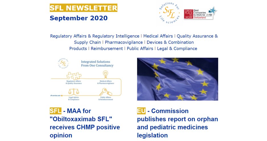 SFLservices's tweet photo. Read SFL’s latest #Newsletter with #Pharma and #MedicalDevice news from the #EMA #FDA, #MHRA and #Switzerland, including the #EU #Pediatric and #OrphanDrug evaluation, #Policy, #AI, #EUDAMED, #MDR news, SFL #Trainings, and RDAF &amp; MPP activities. https://t.co/wkKbP5Fb5j #MPP2020 https://t.co/5FxoL6xkKp