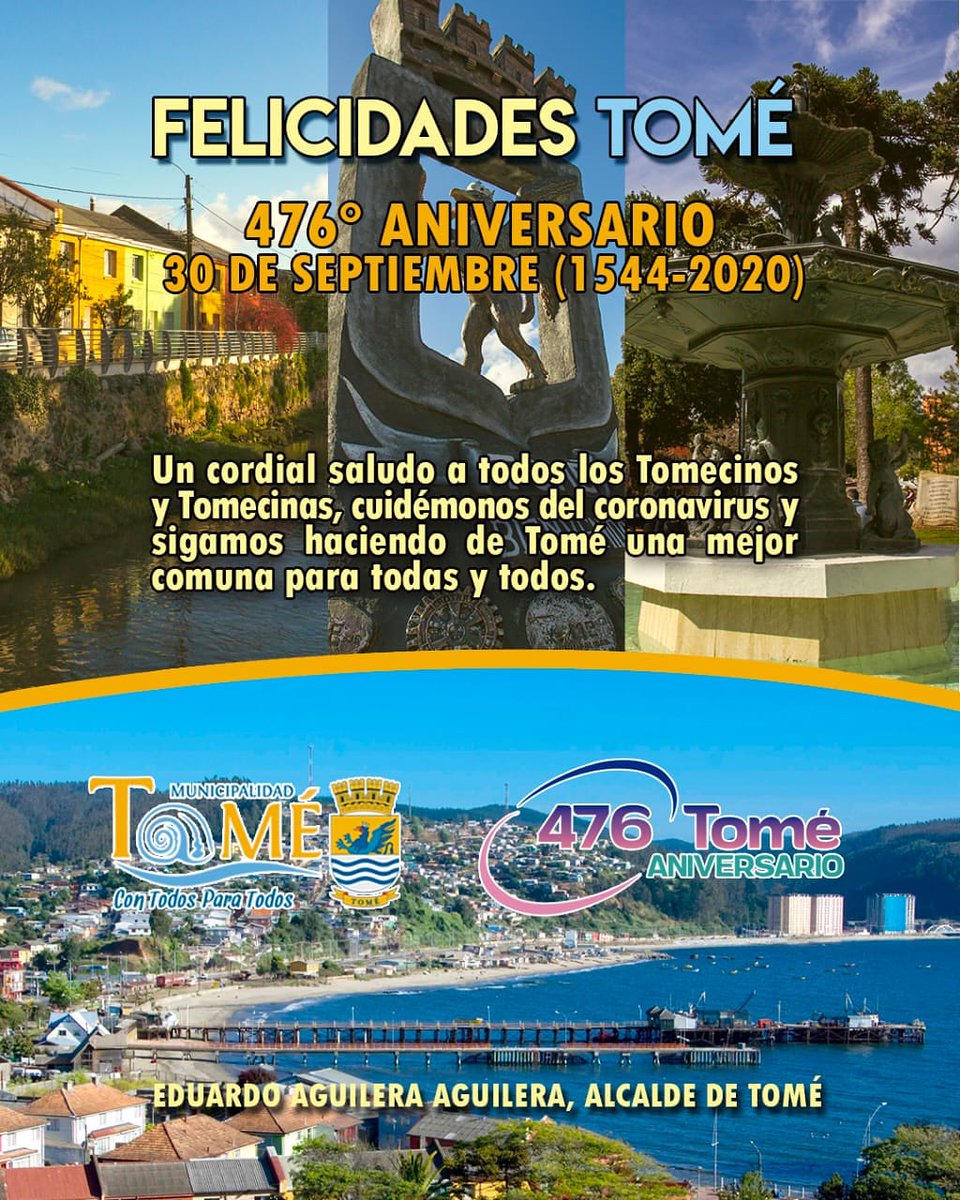 Un abrazo fraterno a todos los tomecinos y tomecinas en el 476° Aniversario de la Comuna. 

#MunicipalidadeTomé 
#476Aniversario