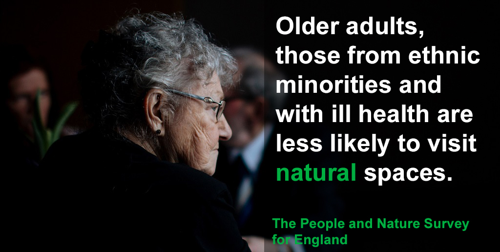 Older people, people from minority ethnic groups & those with a long-term illness or condition are less likely to have visited a natural space in the last 14 days. Full report  https://www.gov.uk/government/statistics/the-people-and-nature-survey-for-england-adult-data-y1q1-april-june-2020-experimental-statistics #BetterWithNature  #PeopleAndNature