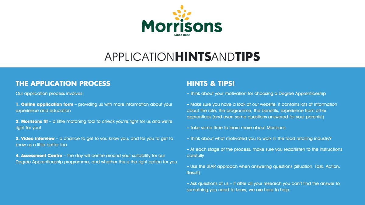 Applications for <a href="/MorrisonsCareer/">Morrisons Early Careers</a> Degree Apprenticeship Schemes are now open! Opportunities are available in Retail, Manufacturing, Logistics and Corporate. Use Vacancy Snapshot for hints and tips on how to make a tailored application to Morrisons: tinyurl.com/yxkq4a57