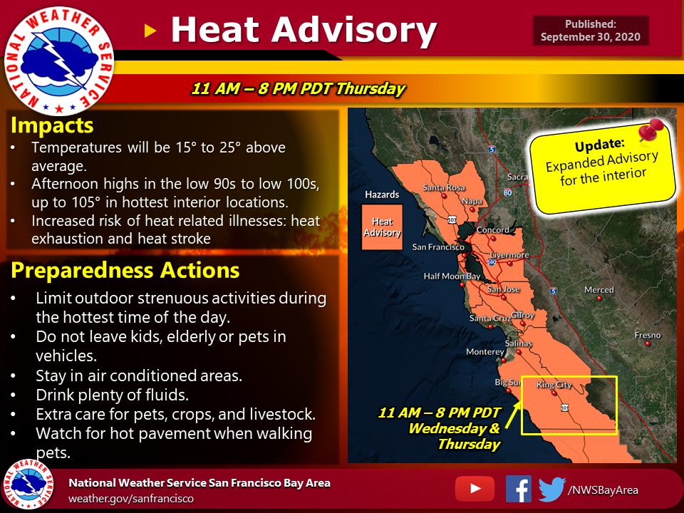 NWSBayArea's tweet image. ⚠️Heat Advisory Updated to include more interior locations for Thursday.  #CAwx #CAHeat weather.gov/safety/heat