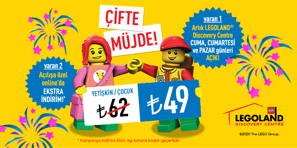 Biletix's tweet photo. LEGOLAND® Discovery Centre İstanbul 2 Ekim’den itibaren Cuma- Cumartesi ve Pazar günleri yeniden sizlerle buluşuyor. Açılışa özel, yetişkin ve çocuk biletleri sadece 49 TL! 
https://t.co/jLgxwJ9TaW https://t.co/D2xy6Ut6Sq