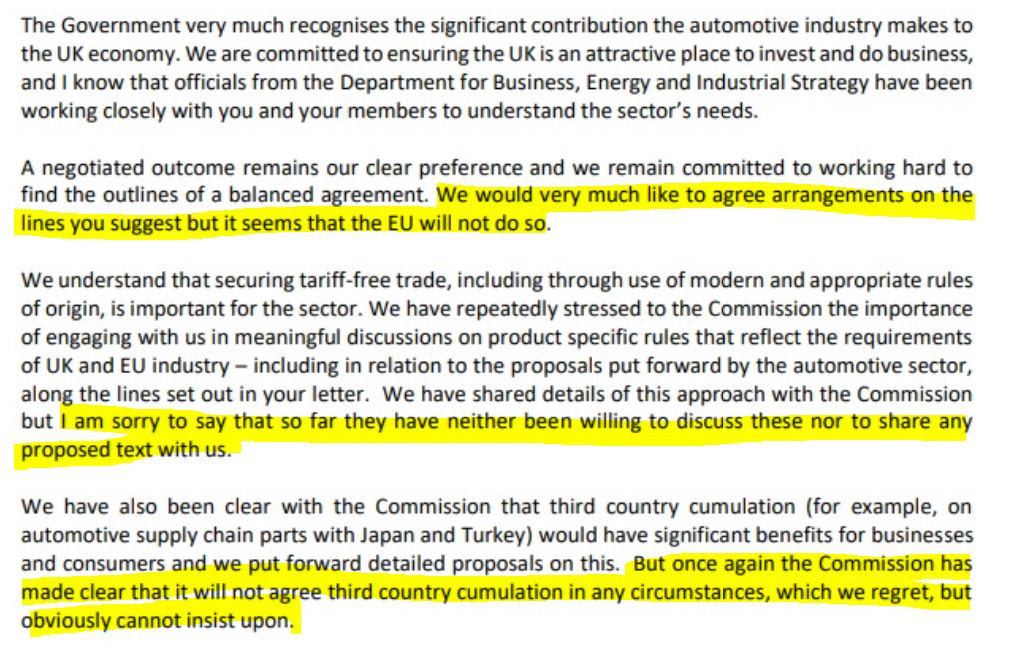 First the letter (that was first reported by  @faisalislam) which tl;dr says "we asked for preferential terms, the EU said no"....This relates particularly to so-called 'rules of origin' - the need for a car to be 45% UK-made to get 0-tariff access to EU under an FTA/2
