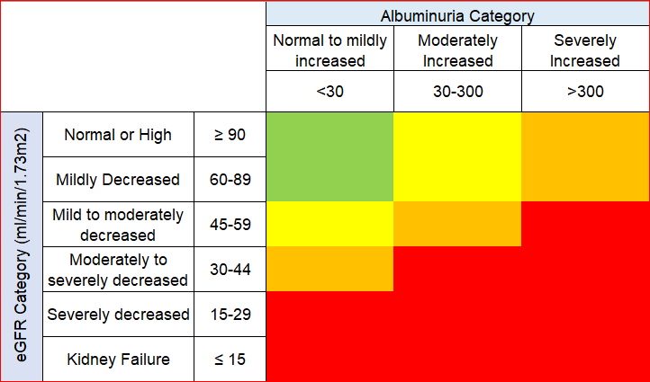 Before we discuss, let us all remember what the KDIGO category is. It is a convenient classification of the risk for badness (deathworsening kidney function/acute kidney injury) for patients with Chronic Kidney Disease, based on two tests: eGFR/albuminuriaRed = badGreen = Good