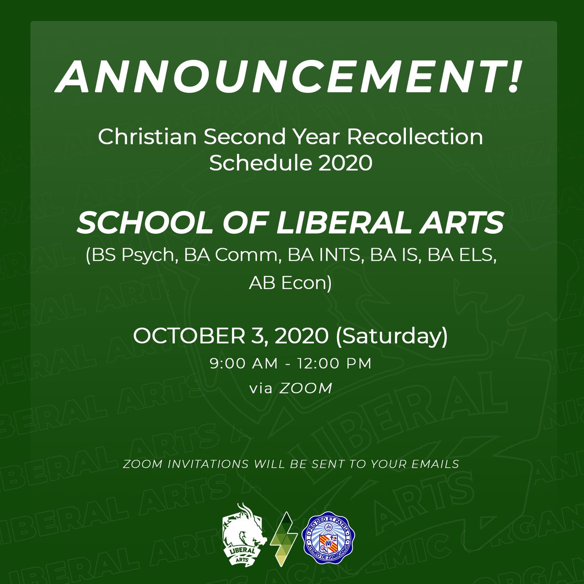 SLADragons's tweet photo. ANNOUNCEMENT
The Campus Ministry Office will hold a recollection for the second year students of the SLA on October 3, 2020 (9AM- 12PM)
Students are required to attend the recollection as a requirement for their graduation
#SparkTheMovement #SLADragons2020 #LAAOderThanEver https://t.co/roWlVv8tXA