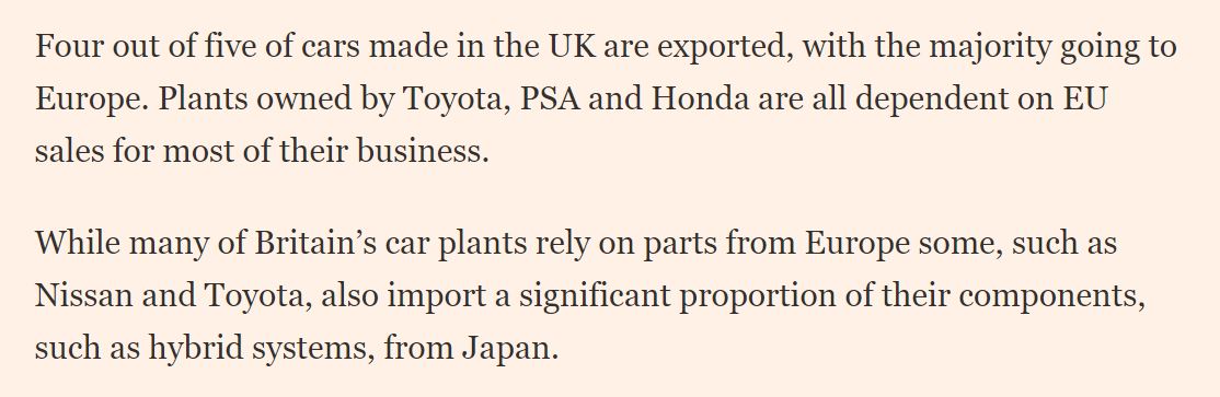 The problem, as  @Petercampbell1 points out is that companies like Nissan and Toyota use parts from Japan and the EU won't let those count or "cross-cumulate" as UK-inputs....not that that should come as any surprise. /3