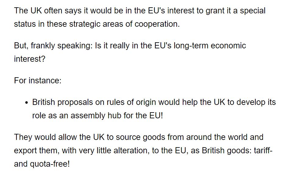 . @MichelBarnier has been banging on for ages about UK not being allowed to be an "assembly hub" off the EU after Brexit...see this speech from Sept 2. /4 https://ec.europa.eu/commission/presscorner/detail/en/statement_20_1553