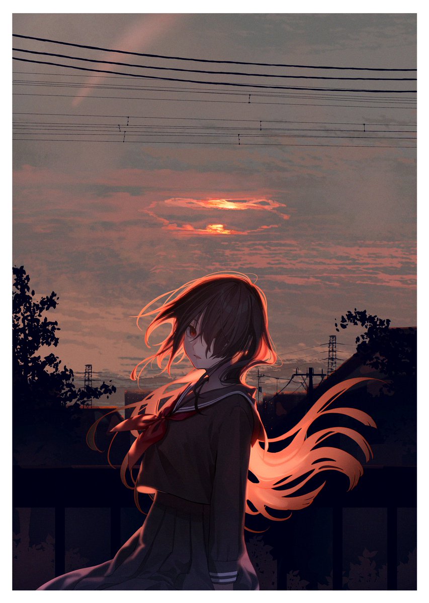 1girl solo school uniform serafuku long hair skirt outdoors  illustration images