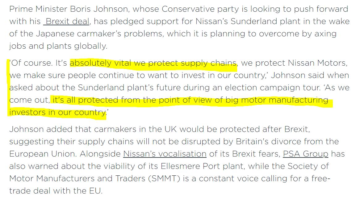 But it *might* comes as surprise to UK car workers and voters who were told by  @BorisJohnson on the stump that it is "absolutely vital we protect supply chains, we protect Nissan Motors, we make sure people continue to want to invest in our country" /5 https://autovistagroup.com/news-and-insights/uk-election-what-about-automotive-industry