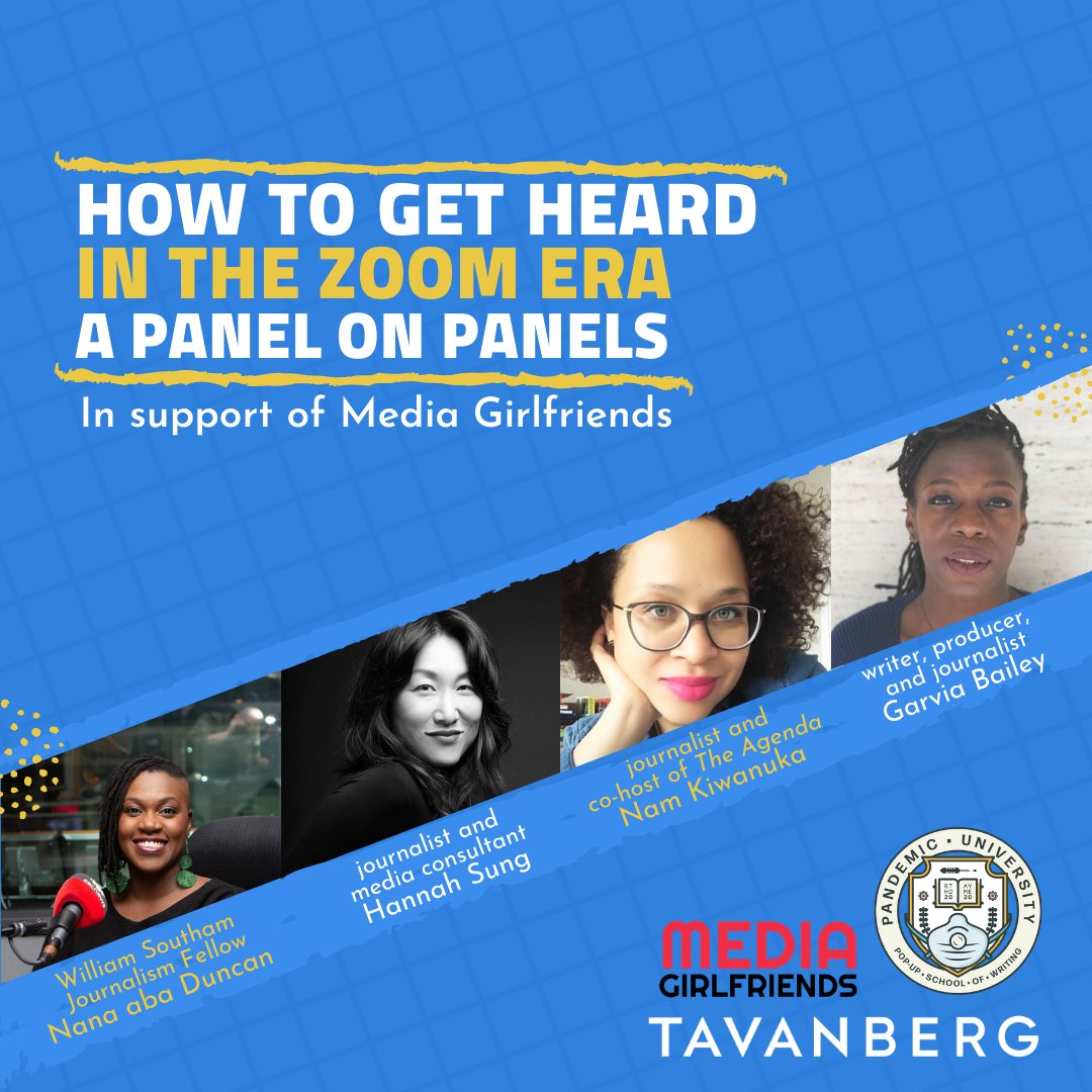 mediagfs's tweet image. A panel on panels!

Join us Tues. Oct 20 at 7pmET w/ @HannahSung @garveyschild @namshine
&amp;amp; @nanaaba for a discussion on moderating panels, leading meetings and more.

Thanks to @tavanberg &amp;amp; @pandemicschool! Proceeds go to the #MediaGirlfriends scholarship. pandemicuniversity.com/product/panel-…