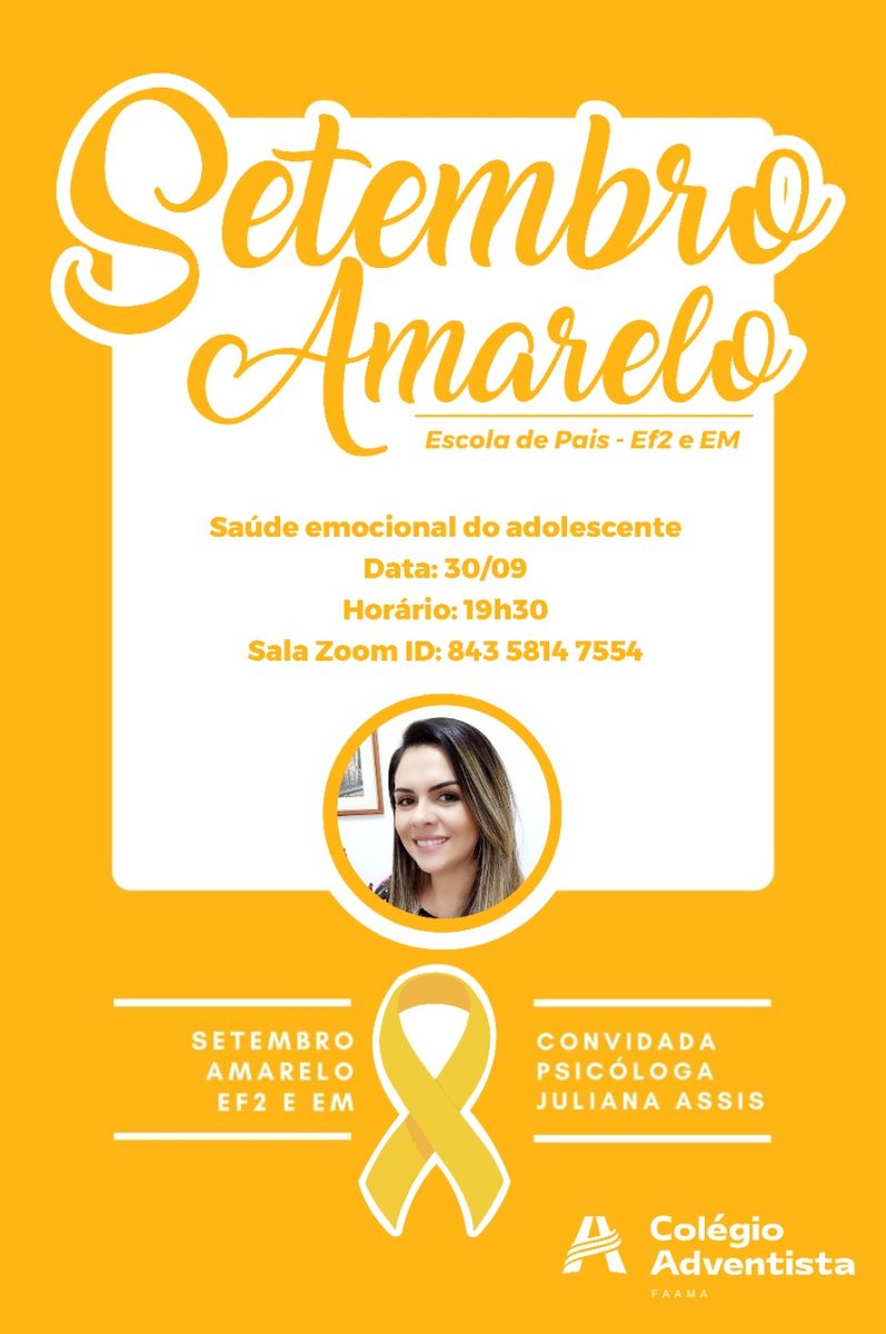 faama_edu's tweet image. Temos um convite muito especial para fazer a vocês: dia 30/09 (quarta-feira), às 19h30, teremos nossa Escola de Pais - Setembro Amarelo!

Não perca este momento! Falar sobre a vida é essencial! 💛 Contamos com a sua presença!

Basta clicar no link: adv7.in/3dn