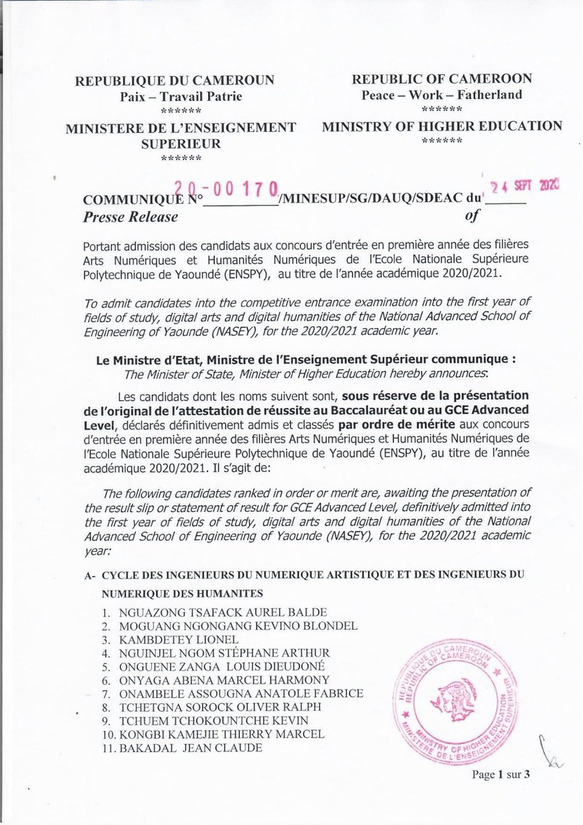 ENSPolytech_UY1's tweet image. Communiqué portant admission des candidats en 1ère année des filières Arts Numériques et Humanités Numériques de l’#ENSPY 
 
Press release to admit candidates into the 1st year of fields of study,digital arts and digital humanities of the #NASEY for the 2020-2021 academic year