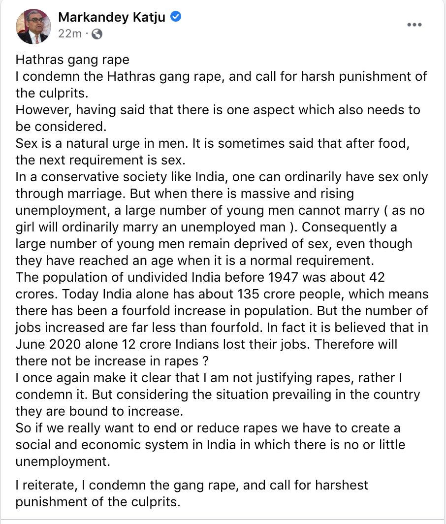 Former Supereme Court judge writes this that "sex is natural urge of men" and "sex is requirement like for men" and ofc they're going through so much pressure of unemployment so "rapes are bound to increase"I am 100% this man himself has abused women in some way +