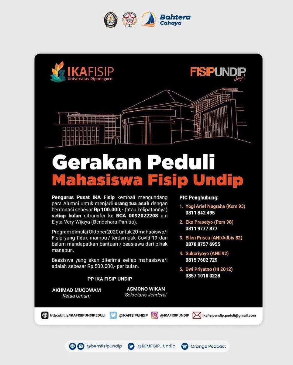 BEMFISIP_Undip's tweet photo. Gerakan Peduli Mahasiswa #FISIPUndip mengundang alumni untuk turut serta berpartisipasi untuk membantu mahasiswa FISIP yang membutuhkan. 

Mari mas dan mbak alumni bergandengan tangan membantu adik-adik mahasiswa.

#IKAFISIPUNDIP
#IKAUNDIP https://t.co/lZ9vbF1Yuj