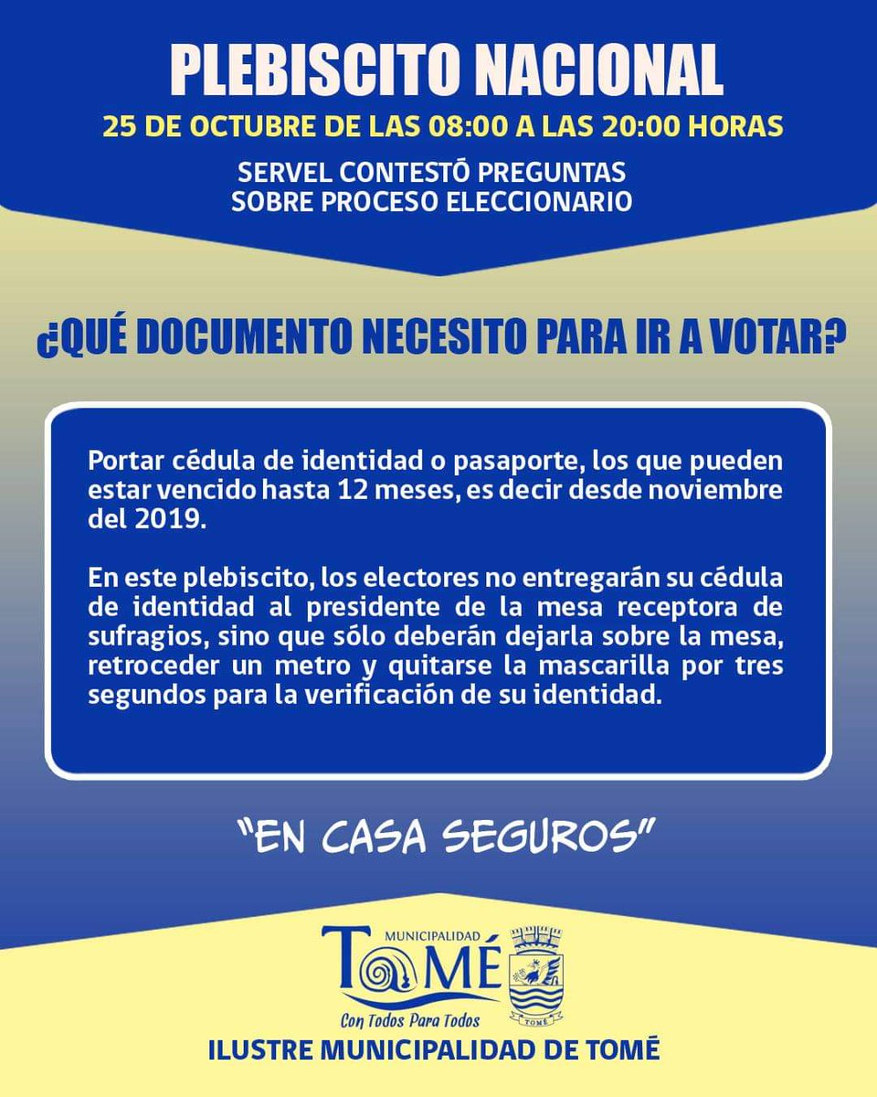 Municipio Informa:

Sobre preguntas de proceso eleccionario del próximo 25 de octubre. 

#MunicipalidaddeTomé
#Plebiscito2020