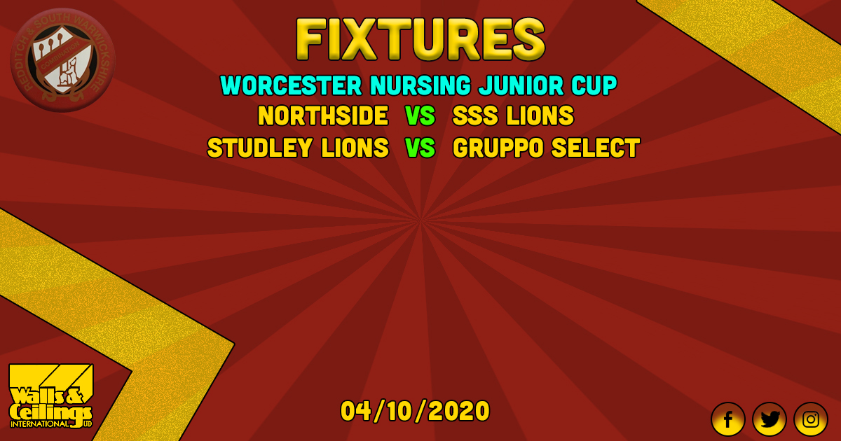 Div 1:
@UtdCross vs <a href="/VKLUTD/">VKL</a> 
<a href="/Southredditchf1/">Southredditchfc</a> vs Beoley Village 
<a href="/reddboroughfc/">Redditch Borough F.C.</a> vs <a href="/astwood_fc/">Astwood FC</a> 
<a href="/AFCThomasBros/">AFC Thomas Brothers</a> vs <a href="/HeadlessX_FC1st/">Headless Cross</a> 
<a href="/LionsWythall/">Wythall Lions</a> vs Frankley United
AFC Windmill vs @RedditchTownFC 

Worcs Nursing Jnr Cup:
Northside vs @SSSLionsFC 
<a href="/LionsStudley/">Studley Lions FC</a> vs Gruppo Select