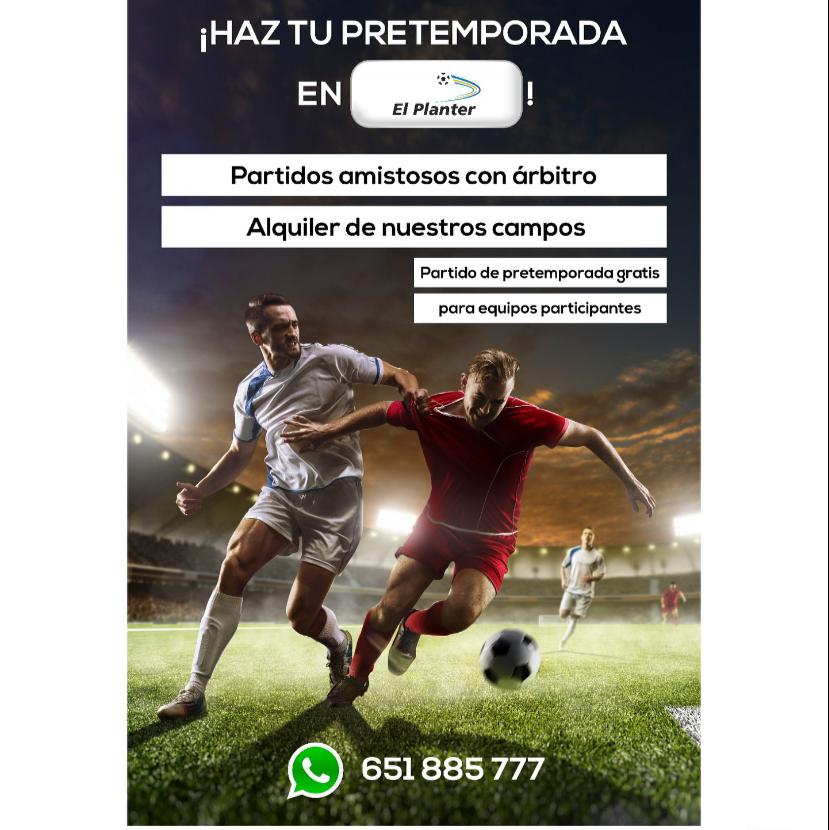 Prepárate para las #LigasF7ElPlanter, ¡con nosotros! ⚽

🏟 Si quieres hacer pretemporada antes de jugar la competición, #ElPlanter te ofrece sus instalaciones para poder hacerlo 👏

💣 Partidos amistosos para participantes ¡GRATUITOS! 

📲 651 885 777

📩 ligas@elplanter.com