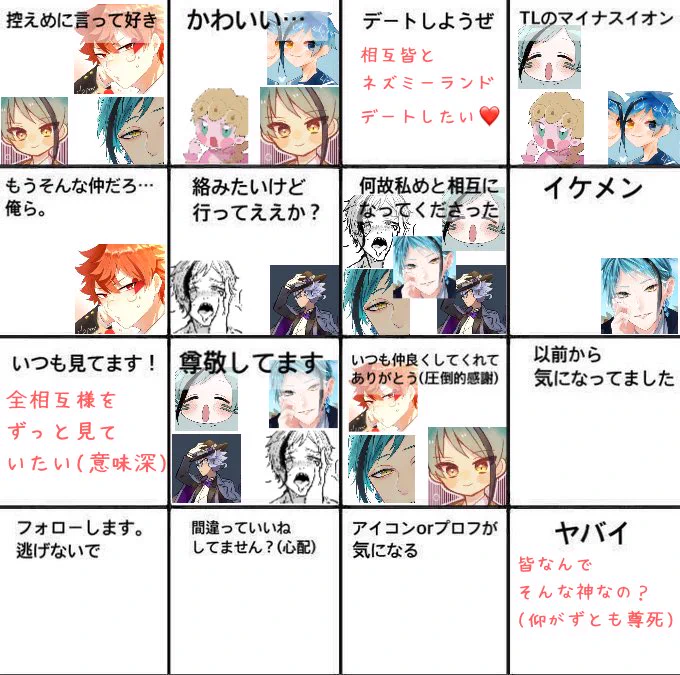 # RTした人を勝手に図に追加してみようのコーナー ❶沢山の反応ありがとうございましたッ?人数関係で2枠ずつ位になってます??※偏見の塊です!不愉快にしたらごめんなさい??※公式配布アイコンか不明&amp;締切後の反応の方は枠入れしておりません 