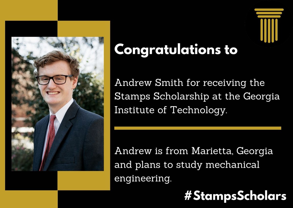 stamps_scholars's tweet photo. Congratulations to incoming @GeorgiaTech #StampsScholar Andrew Smith. Andrew is from Marietta, Georgia and plans to study mechanical engineering. https://t.co/eElplTktDq