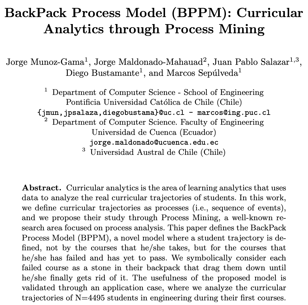 JorgeMunozGama's tweet photo. Tomorrow 1 Oct (13:30 Chile / 18:30 EU) I will be presenting (in Spanish) our work "BackPack Process Model (BPPM): #CurricularAnalytics through #ProcessMining" at Learning Analytics in Latin America (#LALA2020). Free registration and more info in https://t.co/5NUMza5Agh https://t.co/E9tQFUTLuX