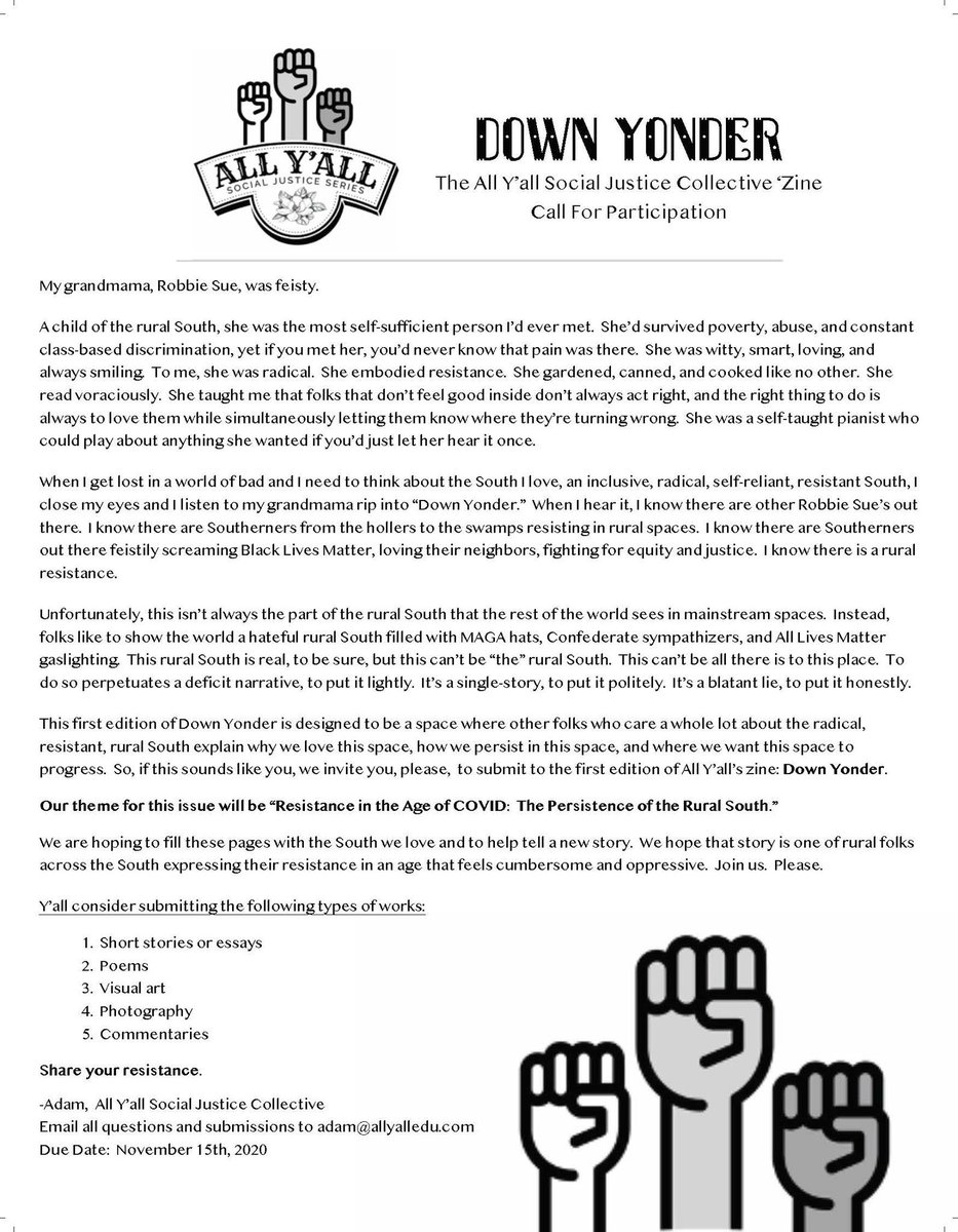 AllYallHollers's tweet photo. Just a reminder this morning... if it ain’t blatantly obvious:  We. Got. Work. To. Do. How’re y’all’s zine submissions coming along?  #DownYonder #AllYallEdu #RuralResistance #BetterSouth https://t.co/Xneme0b7n2
