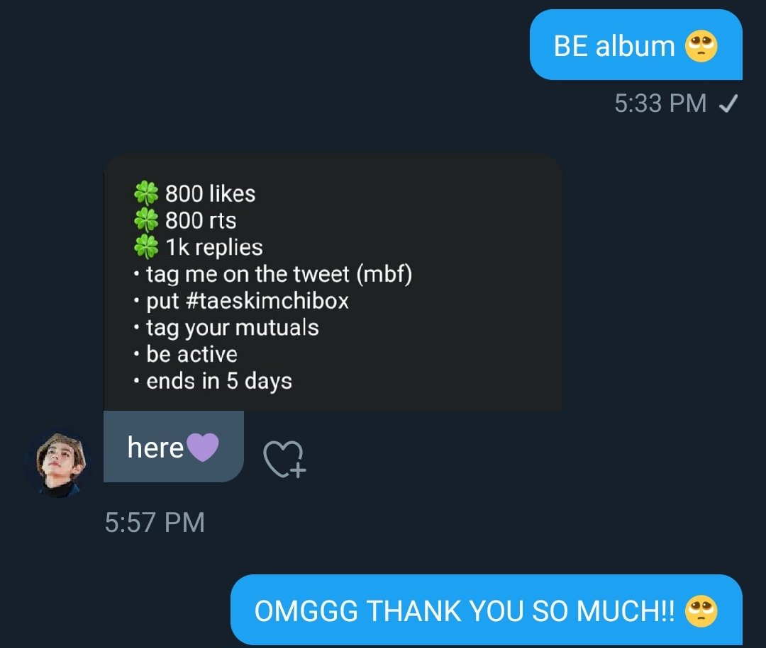 hiii luvs!! I just got a rt deal from @taeskimchibox (#taeskimchibox) where I need to reach 800 likes, 800 rts and 1k replies in 5 days. This would be my first album if I reach my goal. I badly need your help 🥺 your like and rts would mean a lot to me 🥺