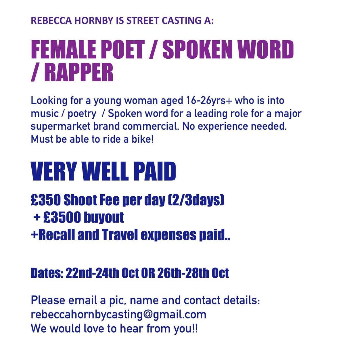 Casting real person for Leading role for Major Ad! Pls see Flyer attached and SHARE!! Thx x #SpokenWord #uk #poetryslam #defjam #MLF20 #Freshers2020 #poet #lyrics #storytelling #rapper #storyteller #grime #rhyming #loverecordstores #totaldragrecords