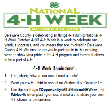 Delco4H's tweet photo. 🍀National 4-H Week is right around the corner!🍀

Starting October 4th through October 10th, Delaware County will celebrate all things 4-H! 🎉

Check out all the cool things we are doing to celebrate! 👇 https://t.co/t1Ccse4cBU