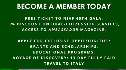 niaforg's tweet photo. Spread the News! Now’s the time to join NIAF &amp; register for our Gala because the price for non-members goes up to $100 tomorrow, October 1! Join &amp; register for the Gala at https://t.co/hUEeGZJIsv. 
#ItalianStrong #NIAFGala45 https://t.co/nZu0FduEWb