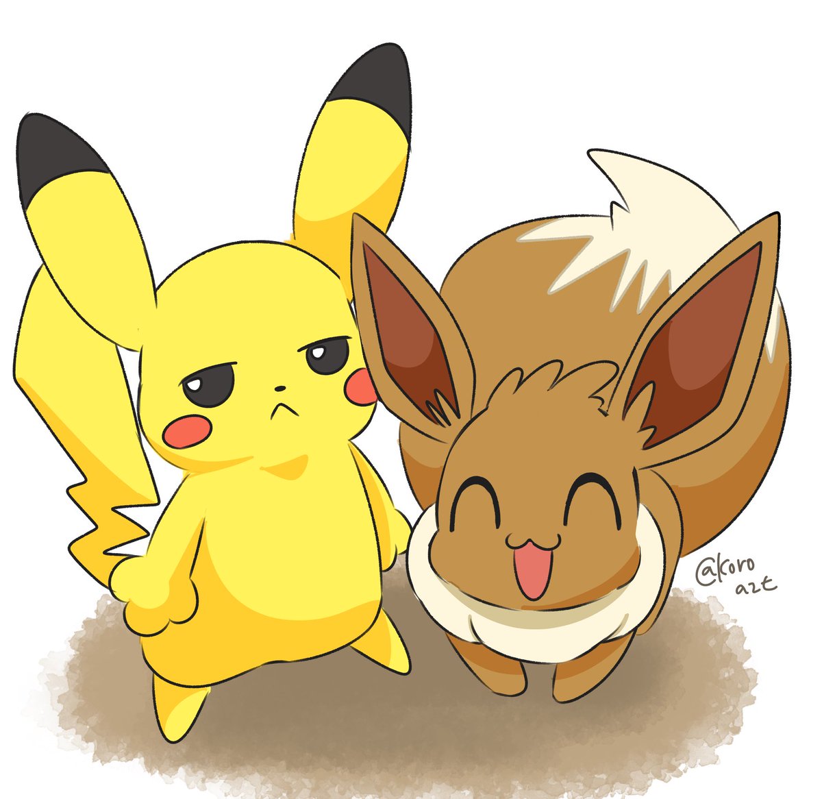 eevee ,pikachu pokemon (creature) no humans closed eyes standing closed mouth :< twitter username  illustration images