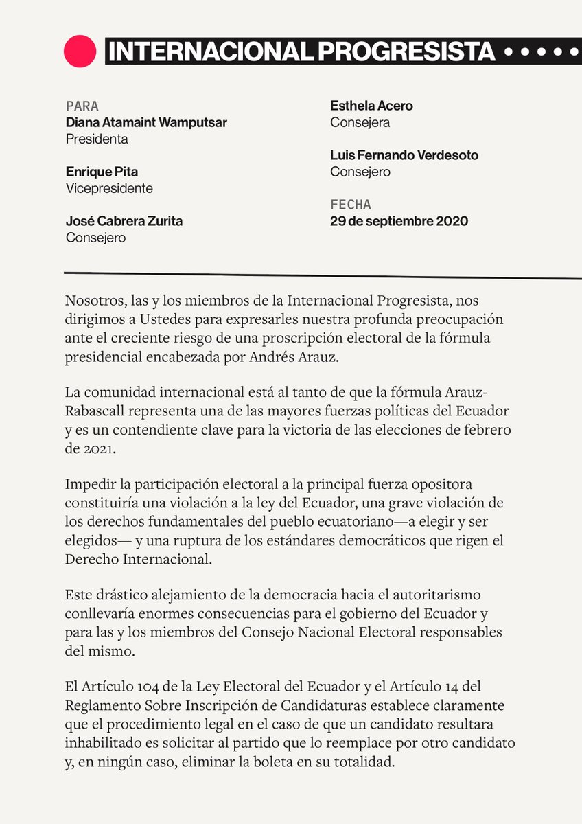 ProgIntl's tweet photo. BREAKING: Members of the PI Council — including Noam Chomsky, @EliGAlcorta, and @yanisvaroufakis — have warned the National Electoral Council of Ecuador (@cnegobec) of the "grave consequences" of banning @ecuarauz from the upcoming election.

Read now: https://t.co/YLOvDUfGeh
