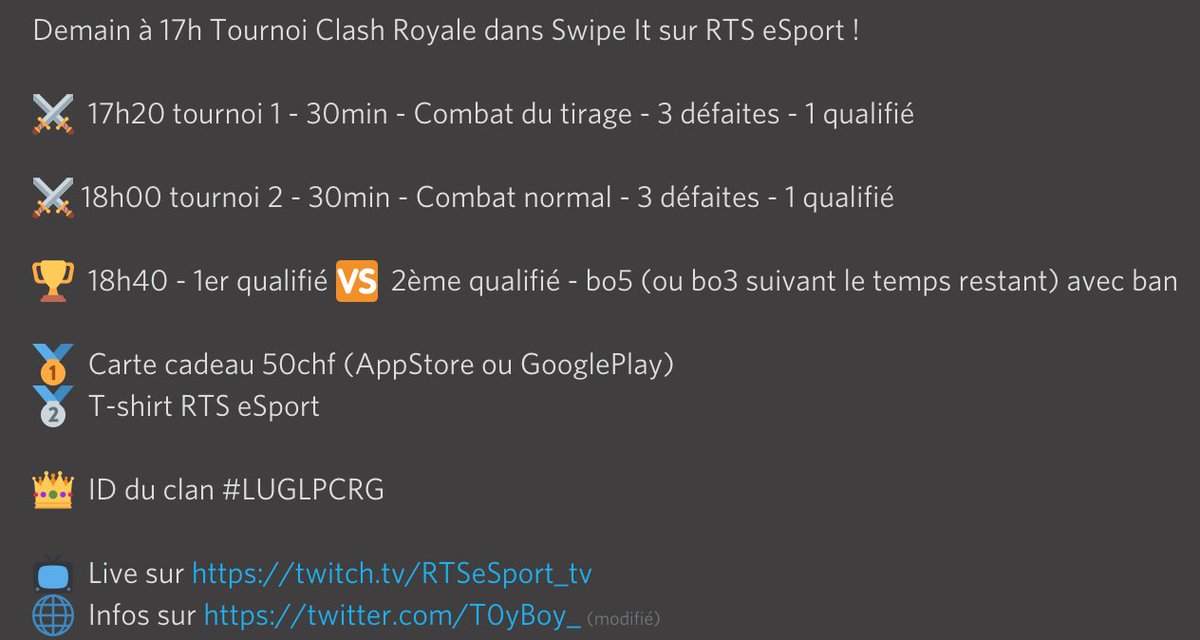 T0yBoy_'s tweet image. Rdv à 17h les potos !!!
2h de live avec 2 mini-tournois pour finir sur un duel ⚔️

Qui sera le champion de #SwipeIt dans @RtsEsport ?

🎁 Carte cadeau et 👕 à gagner !

📺 twitch.tv/RTSeSport_tv

N'hésitez pas à partager et venir jouer ! 🔥 @ClashRoyaleFR