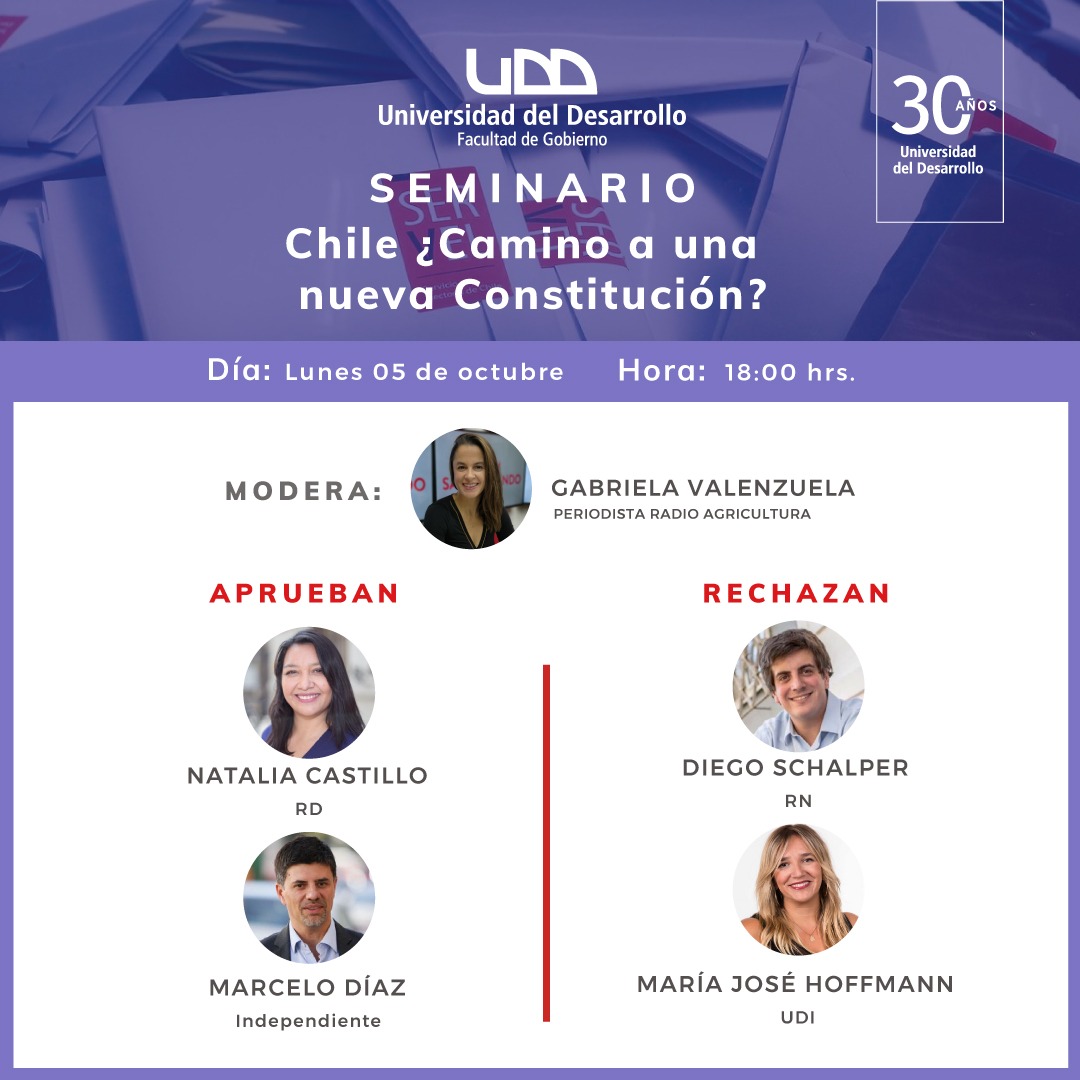 GobiernoUDD's tweet photo. [CONVERSATORIO] Chile, ¿camino a una nueva Constitución? Lunes 05 de octubre - 18:00 hrs.  Con @ncastilo @marcelodiazd @Diego_Schalper @PepaHoffmann y @rearellano Inscripción: https://t.co/PCEkdheGBD https://t.co/kJuuYjHDW0