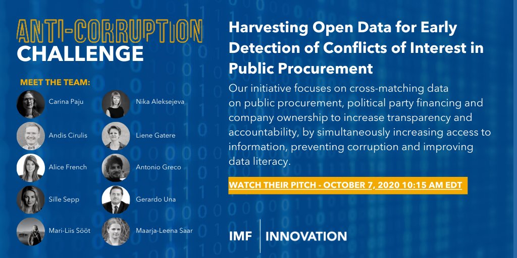IMFNews's tweet photo. Join us Oct 7th at 10:15 AM EDT for the #IMFinnovation #AntiCorruption pitch by team @TransparencyEst
as they reveal how to detect conflicts of interest in public procurement before they happen.
🎦➡️ https://t.co/8arpN2xMHq
More info ➡️  https://t.co/8zS8ZUtY2O https://t.co/6DAS1vUwGF