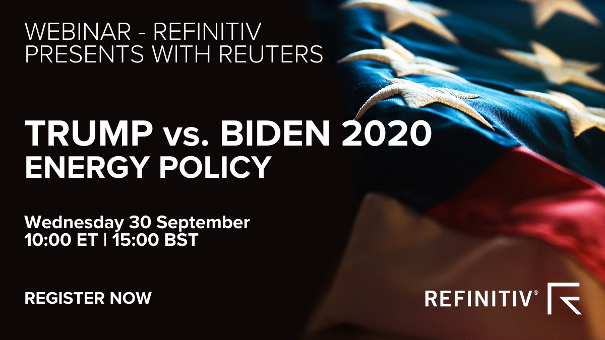 There will be plenty at stake for the financial community when U.S. voters go to the polls. Don't miss today's webinar, 'Trump vs. Biden 2020, Energy Policy,' at 10:00 ET | 15:00 BST.  https://refini.tv/3kujY3H Follow  @Refinitiv for live tweets and exclusive insights!  #USElection