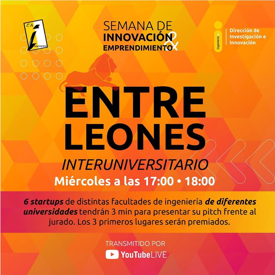 🍀 ¡Te invitamos a participar de la Semana de #Innovación y #Emprendimiento de la Escuela de #IngenieríaUC!
Hoy estudiantes de <a href="/UChile_Beauchef/">U. Chile - Ingeniería y Ciencias</a>, <a href="/usantamaria/">USM</a> y <a href="/IngenieriaUC/">Escuela Ingeniería UC</a> estarán compitiendo en el concurso de pitch "Entre Leones" 🦁
⏰17:00 hrs
🔗tinyurl.com/y6sh7jyq